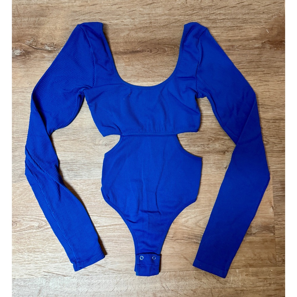 Garage Bodysuit‎ Cutout Ribbed Long Sleeve Blue Bodysuit Size S